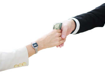 Successful businessman and businesswoman shake hands and receive money to bribe after meeting for job in office. Corruption Concept
