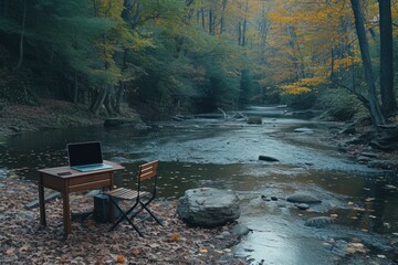 Autumnal Remote Workstation by a Gentle Forest Stream. Forest-Themed Home Office with Laptop 