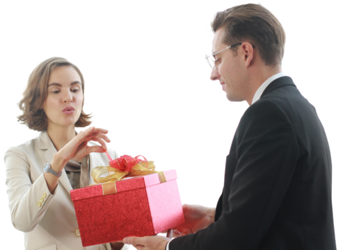 Businessman surprise and give red gift box birthday for businesswoman in office for Birthday. Christmas,Happy new year and Valentine,s Day concept