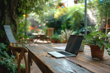  Laptop on a Rustic Outdoor Table Surrounded by Greenery. Remote Work Setup on a Rustic Wooden Table Outdoors
