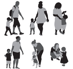 Silhouette collection of mothers and father interacting with children