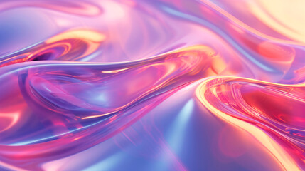 Fototapeta premium Colorful abstract wavy, flowing liquid texture in shades of pink, purple, and blue. The background appears to be made of holographic glass, shiny and reflective