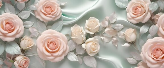 Beautiful 3D background decorations in the form of light pastel colored roses and a luxurious silk background print