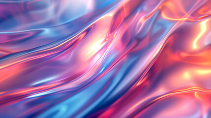 Obraz premium Colorful abstract wavy, flowing liquid texture in shades of pink, purple, and blue. The background appears to be made of holographic glass, shiny and reflective