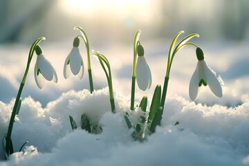 Delicate snowdrops emerging through snow in soft morning light. a symbol of spring arrival. nature awakening. backlit flowers in a field. AI