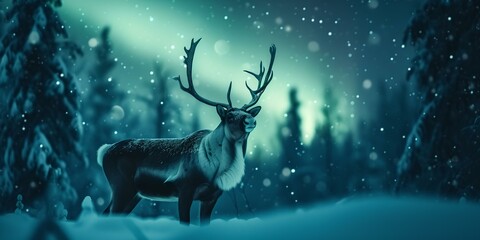 Majestic reindeer in snowy forest at night, enchanting winter wonderland scene. idyllic nature landscape, serene and atmospheric. perfect for holiday themes. AI