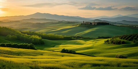 Peaceful sunrise over rolling green hills, idyllic landscape photography. nature at its finest moment, perfect for wall art. AI