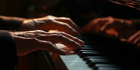 Elegant hands play on a grand piano in dim light. artistic capture of music creation. perfect for musical themes. AI