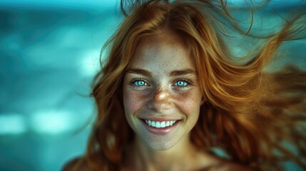 Beautiful young tanned natural beauty pretty attractive caucasian girl with freckles and blue or green eyes with perfect skin and toothy smile near the sea looking at camera and wind blowing her hair - obrazy, fototapety, plakaty