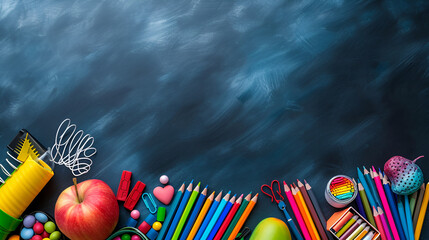 School supplies multicolored wooden pencils,Notebook,Paper stickers,Paper clips,Pencil sharpene,Romania. generative ai - obrazy, fototapety, plakaty