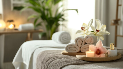Fototapeta na wymiar Beauty treatment items for spa procedures. Massage stones, essential oils and sea salt