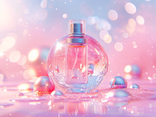 Obraz na płótnie Canvas A clear pink perfume bottle on a reflective surface with a pink and purple bokeh background.