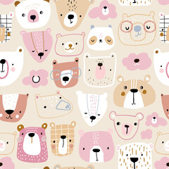 Creative childish pattern with cute pink bears, clouds, pandas. Modern seamless texture for wallpaper, bedding, textile. Vector illustration