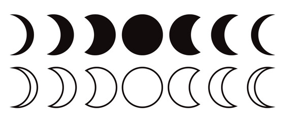 Moon phases astronomy icon silhouette symbol set. Full moon and crescent sign logo. Vector illustration. Isolated on white background. - obrazy, fototapety, plakaty