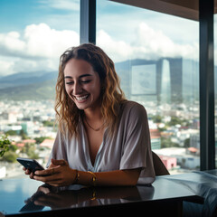 Portrait of happy woman smiling and using mobile phone, smartphone, cell phone while sitting at the table with a background of cloudy landscape