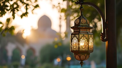 Fototapeta na wymiar Hanging Ornamental Arabic lantern glowing in day invitation for Muslim holy month Ramadan Kareem