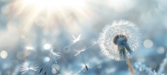 dandelion wind, in the style of light white and sky-blue
