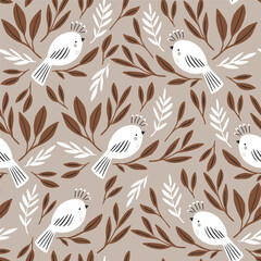 Materiał do szycia Seamless botanical pattern with white birds and delicate leaves. Minimalistic bird texture for fabric, textile, wallpaper. Vector illustration