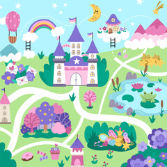 Unicorn village map. Fairytale background. Vector magic country scenes infographic elements with castle, rainbow, forest, pond, road. Fantasy world square plan with fallen stars, treasures.