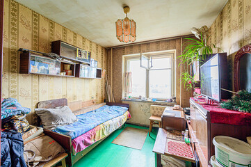 standard room interior apartment. view kind of decor home decoration in hostel house for sale, bedroom with bed, a cozy place to sleep and relax