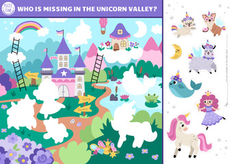 Vector unicorn cut and glue activity. Crafting game with cute magic village landscape and characters. Fairytale printable worksheet. Find the right piece of the puzzle. Complete the picture. - obrazy, fototapety, plakaty