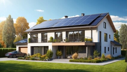 The house with a photovoltaic system on the roof. Modern eco friendly passive house with landscaped yard. Solar on the roof.