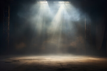 An empty stage lit up by spotlights and surrounded by smoke, with space for messages or logos in stage background.	 - obrazy, fototapety, plakaty