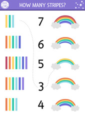 Naklejka premium Match the numbers unicorn game with rainbow, clouds and colored stripes. Magic or fairytale math activity for preschool kids. Fantasy world or color learning educational counting worksheet .