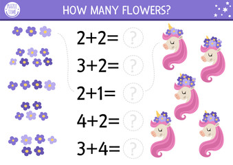 How many flowers game with cute unicorn head and pink mane. Magic, fairytale math addition activity for preschool children. Simple fantasy world printable counting worksheet for kids.