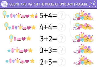 Mathematic game with cute unicorn treasures. Magic, fairytale math addition activity for preschool children. Simple fantasy world printable counting worksheet for kids. How many crystals.