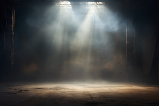 An empty stage lit up by spotlights and surrounded by smoke, with space for messages or logos in stage background.	