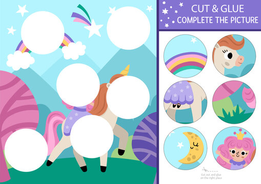 Vector Unicorn Cut And Glue Activity. Fairytale Crafting Game With Cute Fairy, Magic Forest Landscape. Fill Up The Scene With Round Sticker. Find The Right Piece Of Puzzle. Complete The Picture.