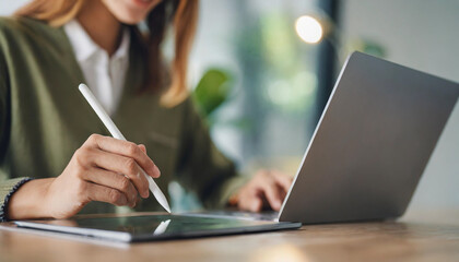 woman working from home, signing digitally with a stylus pen on a sleek tablet - modern, efficient, and tech-savvy remote work