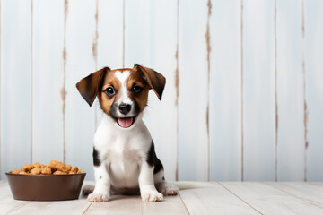 Happy cute Jack russell terrier puppy on a wooden floor next to a bowl of dog food.For mounting a product display or visual design layout.Mockup. ?opy space for text
