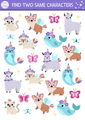 Find two same unicorn animals. Magic world matching activity for children. Fantasy or fairytale educational quiz worksheet for kids for attention skills. Simple printable game.