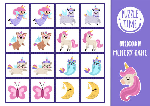 Vector unicorn memory game cards with cute animals with horns and fairy. Magic, fantasy world matching activity. Remember and find correct card. Fairytale printable worksheet for kids.