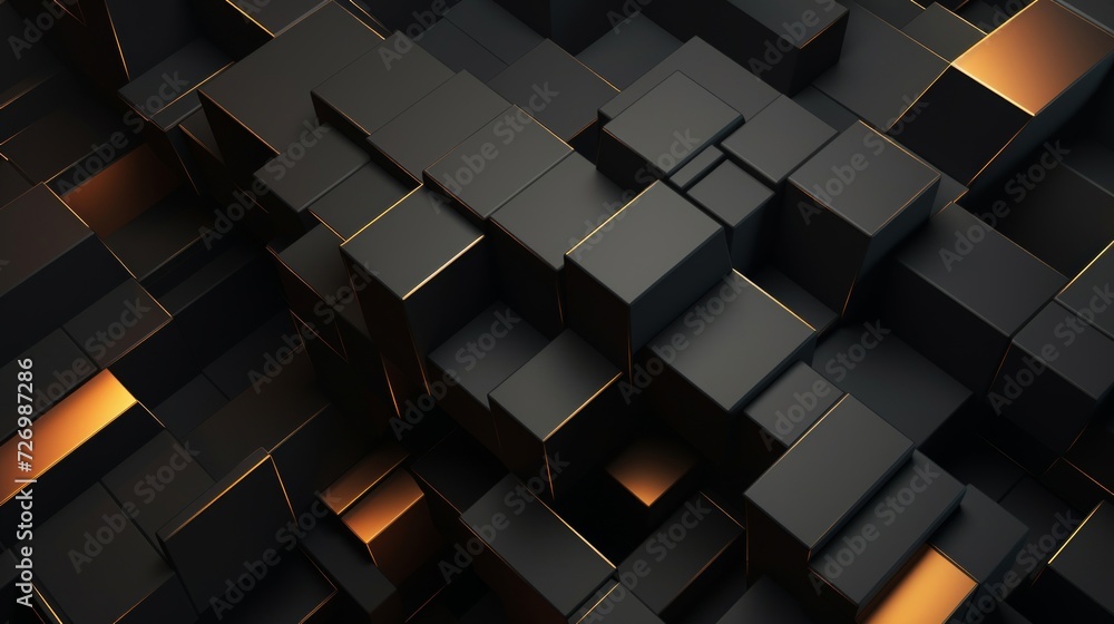 Poster black cubes with golden illuminated edges on a dark background.