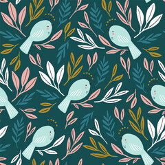 Seamless botanical pattern with white birds and delicate colorful leaves. Minimalistic bird texture for fabric, textile, wallpaper. Vector illustration - 726987232