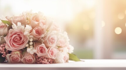 A delicate arrangement of pink roses and baby's breath in a soft-focus light, signifying romance and elegance.