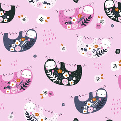 Seamless pattern with cute floral sloths. Creative kids texture. Great for fabric, textile Vector Illustration - 726987276