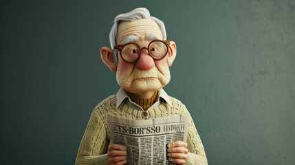 A charming and wise cartoon elderly man wearing a cream cardigan, relaxing with a newspaper in...