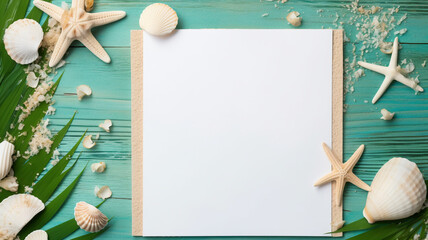 Blank white notebook mockup frame on turquoise background with seashells, starfish, and palm leaves.