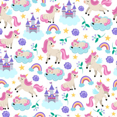 Vector seamless pattern for unicorn birthday party. Repeat background with stars, castle on cloud, rainbow, purple flowers. Fantasy world or fairytale digital paper.