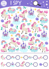 Unicorn I spy game for kids. Searching and counting activity with rainbow, castle, star, clouds. Magic, fantasy world printable worksheet for preschool children. Fairytale spotting puzzle.