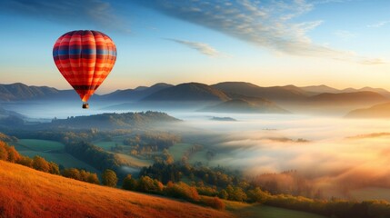 A colorful hot air balloon floats over misty mountains bathed in the warm glow of sunrise, evoking adventure and tranquility.
