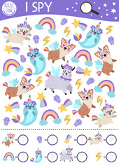 Unicorn I spy game for kids. Searching and counting activity with rainbow, animals, falling star. Magic, fantasy world printable worksheet for preschool children. Fairytale spotting puzzle.