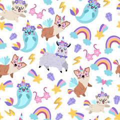 Vector seamless pattern for unicorn birthday party. Repeat background with fantasy animals with horns, falling star, crystal, sunglasses, rainbow. Fairytale digital paper with narval, llama, cat, dog.