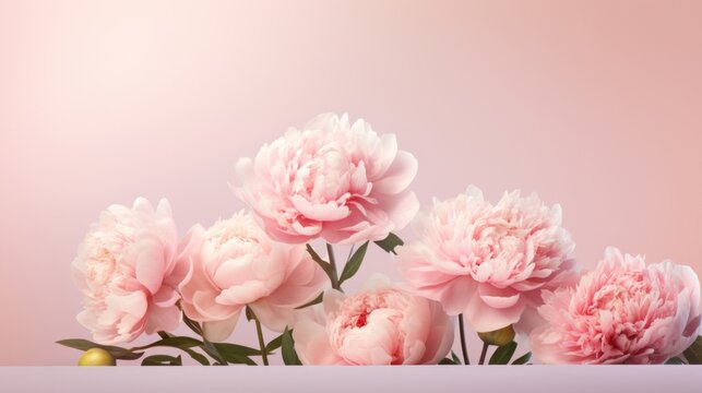A serene display of pink peony flowers against a soft pastel backdrop, conveying a sense of calm and beauty.