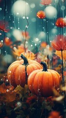 Autumnal scene with pumpkins among fallen leaves in the rain, enhanced by an artistic, dreamy flare.