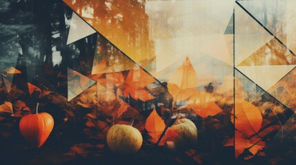 Stylized artistic composition featuring pumpkins amid autumn leaves with a dynamic, abstract overlay.